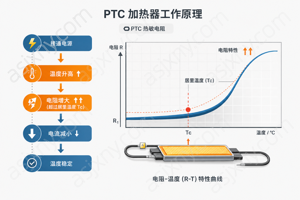 PTC加热器工作原理示意图，展示PTC热敏电阻在居里温度（Tc）附近电阻快速上升、电流自动减小，实现自限温和恒温加热的工作过程。