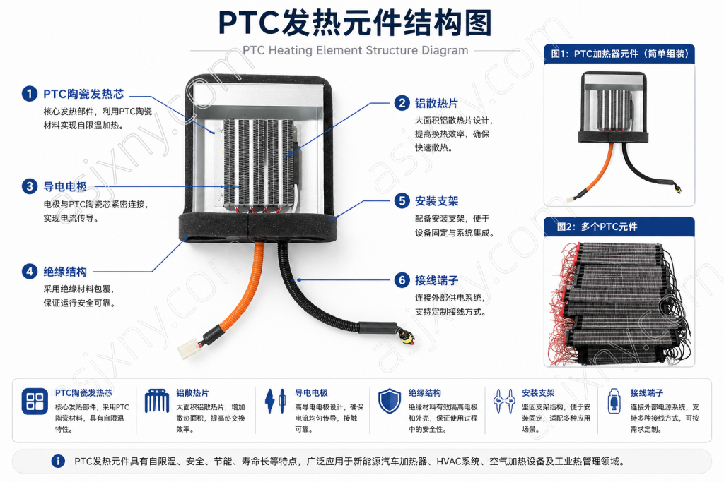 PTC发热元件结构图，展示PTC陶瓷发热芯、铝散热片、导电电极、绝缘结构、安装支架及接线端子等核心组成部件