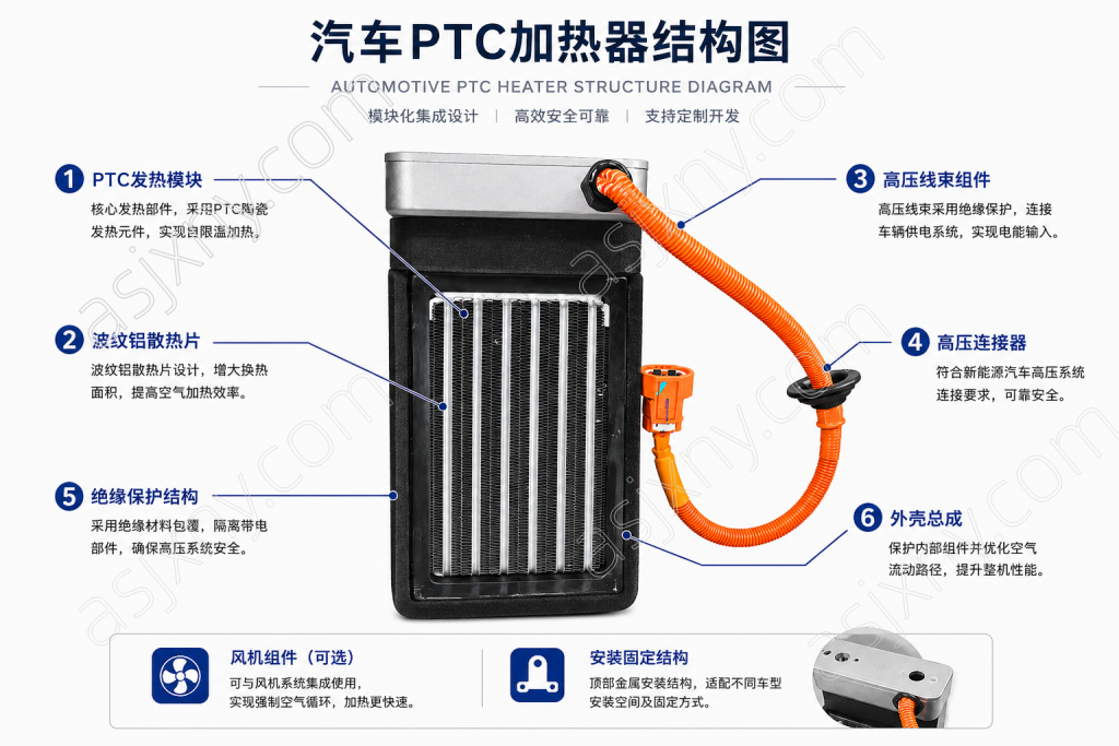 汽车PTC加热器结构图，展示PTC发热模块、波纹铝散热片、高压线束、高压连接器及外壳总成等主要组成部件
