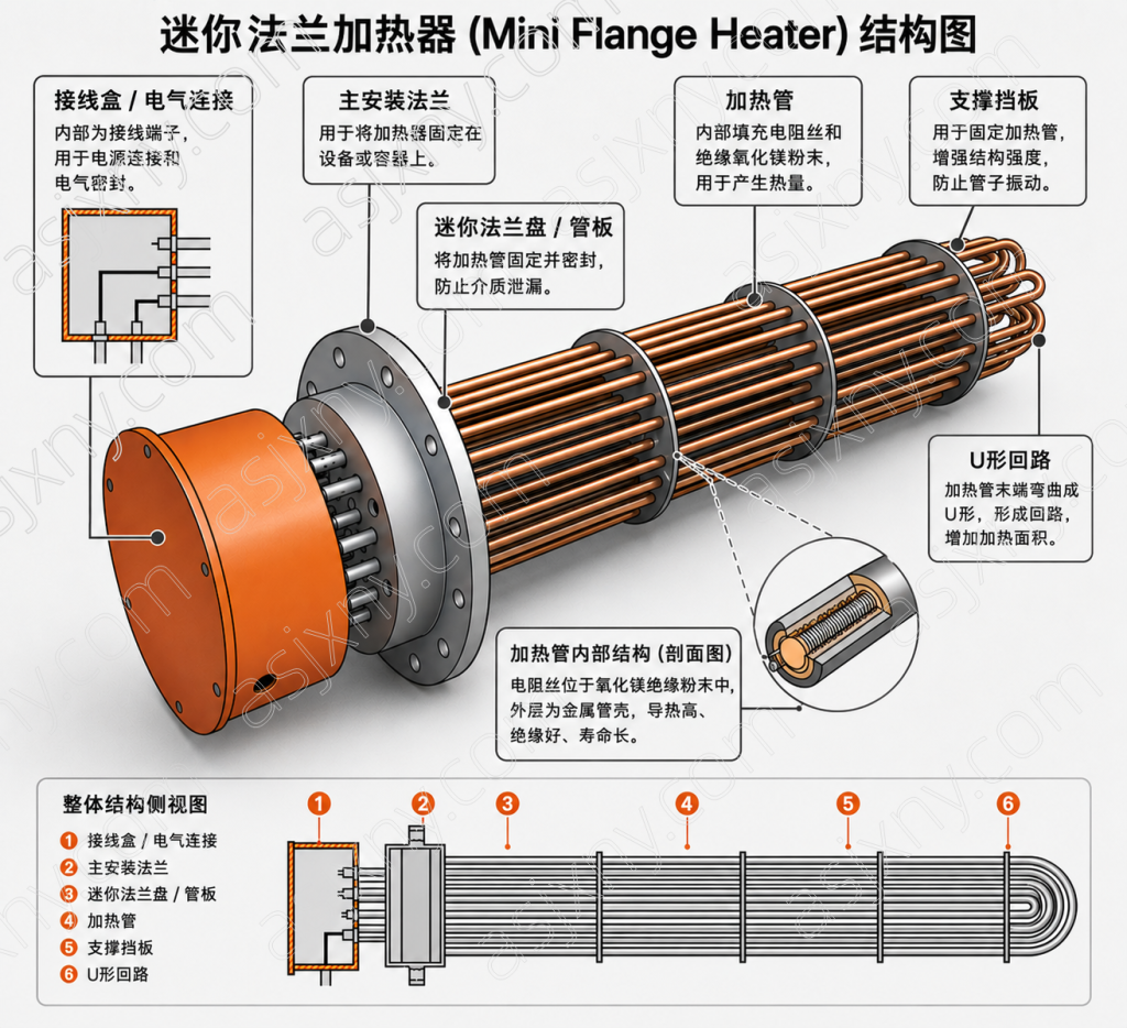 Mini Flange Heater结构图，展示接线盒、主安装法兰、迷你法兰盘、管板、管状加热器、支撑挡板及U形回路等主要组成部分。